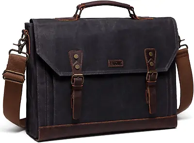 Laptop Messenger Bag For Men Vintage Waxed Canvas Leather 15.6 Inch Laptop Satc • $125.89