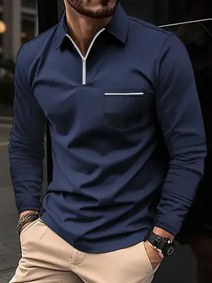 Polo Shirts Zip Collar Navy Blue Solid Golf Fashion White Pocket Long Sleeve Tee • $27.86