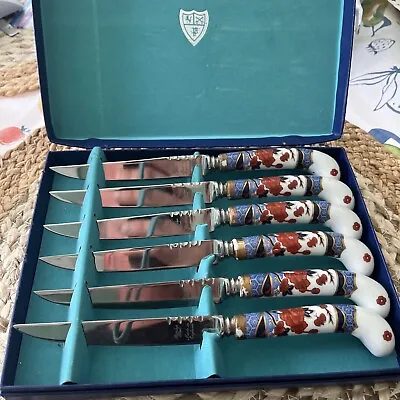 A E Lewis Sheffield?  England Stainless Knife Set Porcelain Lot Knifes Flower • $39