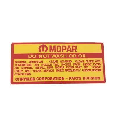 $9.66 • Buy Mopar, Do Not Wash Or Oil Air Cleaner Decal : AP6/VC/VE FITS Chrysler Valiant