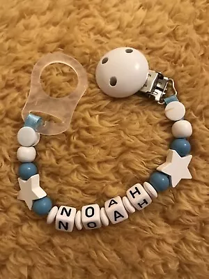 Personalised Baby Dummy Soother Wooden Clip Strap Shower Blue FREE MAM ADAPTER • £5.50