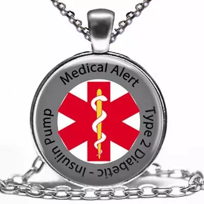 Diabetic Type 2 Insulin Pump Medical Alert Necklace Glass Top Pendant & Chain • $12.95