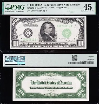 Amazing Crisp HIGH GRADE 1934 A $1000 Chicago FRN Bill PMG 45! FREE SHIP! $1000 • $4995