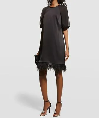 $365 Aidan Mattox Women's Black Feather Crewneck Mesh Sleeve Dress Size 12 • $117.18