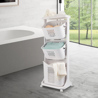 $59.81 • Buy 3-Tier Household Laundry Storage Basket Rolling Clothes Cart Laundry Hamper Bin