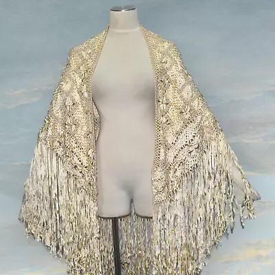 Vintage  Hand Knotted Ivory Fringe Silk Ribbon Wrap Piano Shawl Wedding Boho • $95