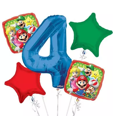 Super Mario Balloon Bouquet 4th Birthday 5 Pcs - Party Supplies • $14.99