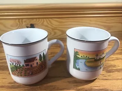 Vintage Villeroy Boch Laplau Naif Naive Painted Vitro Porcelaine Mugs Cups Set 2 • $40.49