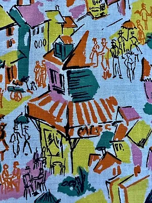 Colorful Paris Street Scenes Novelty 50's Village Barkcloth Era Vintage Fabric • $79.99