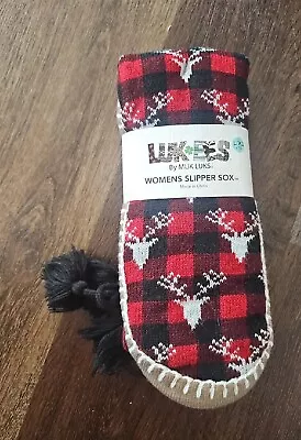 Muk Luks Luk-Ees Slipper Sox 8-10 L/XL NEW Red Black Deer Elk Slip Resistant • $11.19