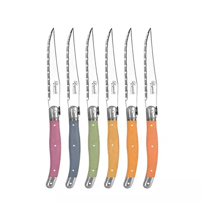 6Pce Laguiole Etiquette Style Steak Knife Cutlery Set S/Steel Blades PASTEL • $41.99