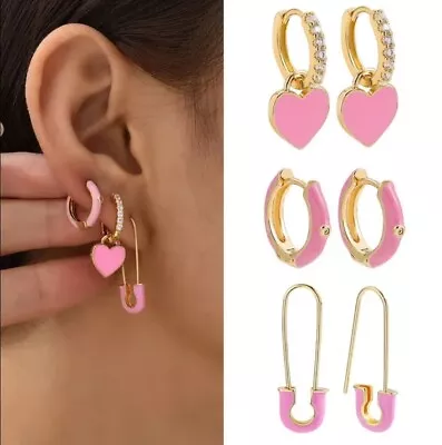 Huggie Hoop Gold Tone Earrings With Charms Enamel Crystal Heart 3pc Set • £9.95