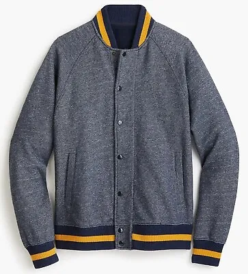 J.CREW Varsity Knit Jacket Fleece College Letterman Navy Blue Stripe Sweater L • $58.50