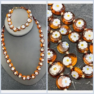 Vintage Millefiori Necklace-bracelet Set Murano Glass Beaded Amber Daisy Flower • $95