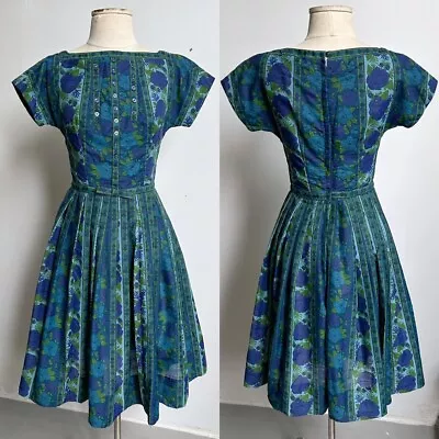 50s Vintage Floral Pleated Dress Blue Flower Stripe Pattern Tea Joy Frocks • $125