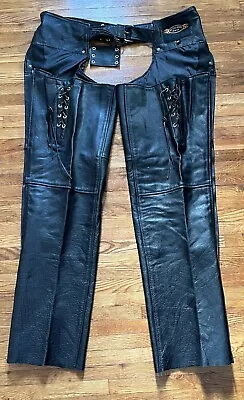 Mens And Womens Black Leather Biker Motorcycle Riding Chaps In The Wind W VA 5XL • $70