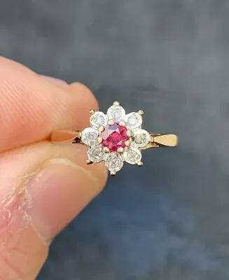9ct Gold Ruby & Diamond Vintage Flower Cluster Ring 9k 375 W&G • $1.89