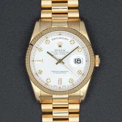 Vintage 2000 Rolex Day-Date 36mm Yellow Gold Silver Diamond Dial Watch M118238 • $30800