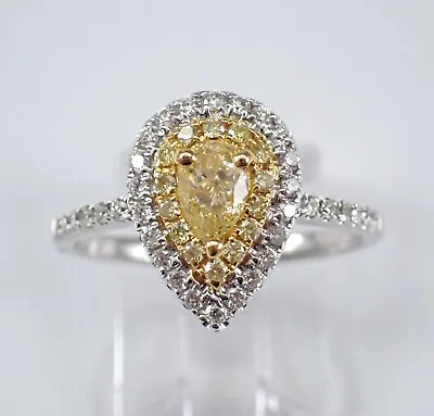 14K White Gold Canary Yellow Diamond Halo Teardrop Cluster Ring • £1925.44