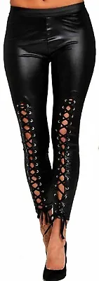 Ladies Wet Look Lace Up Shoe String Trouser Tie Up Full Length Leggings 8-14 New • £10.99