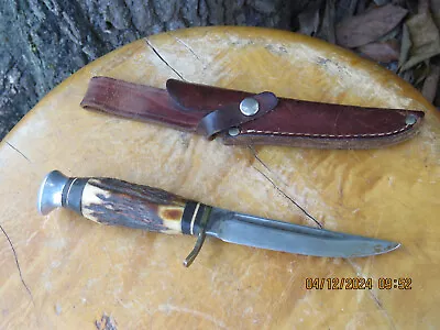 VINTAGE~Olsen Stag Handle Solingen Sheath Knife With German Leather Sheath • $39.99