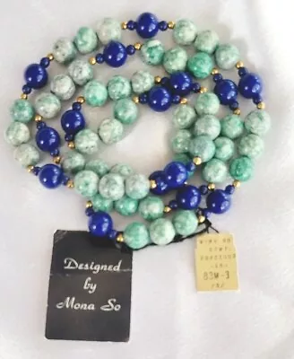 Vintage MONA SO Necklace Blue & Green Fossil Stone Beads Semi-Precious Goldtone  • $75