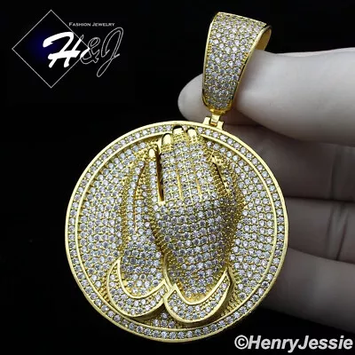 Men 14k Gold Plated Icy Bling Cz Gold 3d Praying Hands Round Pendant*bgp9 • $45.99