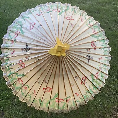 Vintage Asian Rice Paper Parasol Umbrella Hand Painted Butterfly & Floral Bamboo • $20