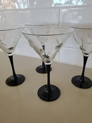 4 - Martini Glasses 3D Raised Embossed Olives/Toothpicks Black Stems 7 1/2” T • $28