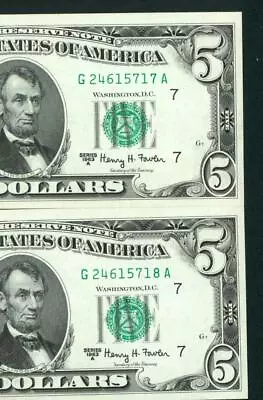 ((TWO CONSECUTIVE)) $5 1963 (( CU )) Federal Reserve Note CURRENCY • $0.99