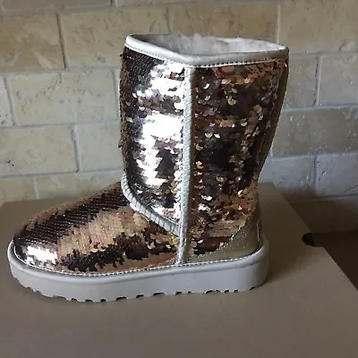 UGG Classic Short Gold Combo Pink Sparkles Sequin Sheepskin Boots Size 5 Women • $152.99