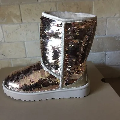 UGG Classic Short Gold Combo Pink Sparkles Sequin Sheepskin Boots Size 6 Women • $135.99