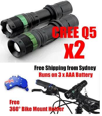 2X 1200Lm Zoomable CREE Q5 LED Flashlight 3XAAA Camping Outdoor Torch Bike Light • $29