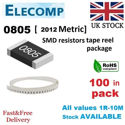 0805 SMD Resistors 1% 5% E24 Range 0 Ohm - 10M Ohm (100 Pack Reel) Free Postage • £2.19