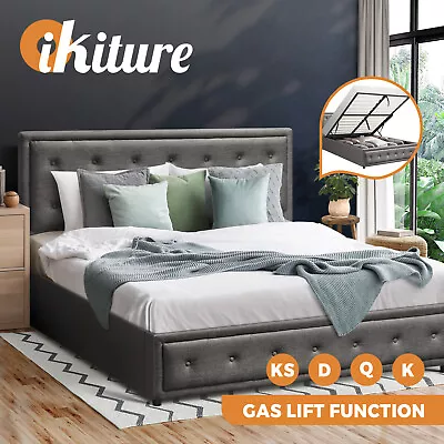 Oikiture Bed Frame Queen Double King Single Size Gas Lift Base W/ Storage Grey • $269.90