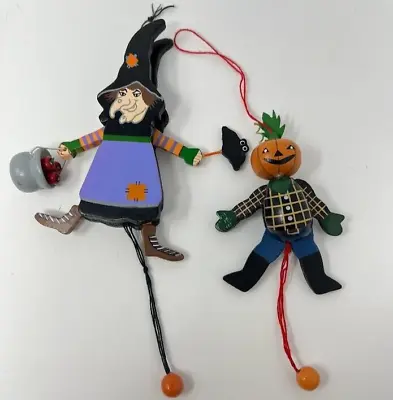 Vintage Midwest Halloween Wooden Witch & Pumpkin Scarecrow Pull Toy Ornaments • $24.99