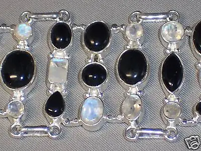 New 1 1/8 Inch Wide Heavy Sterling Silver Onyx & Moonstone Bracelet 43.2 Grams   • $175