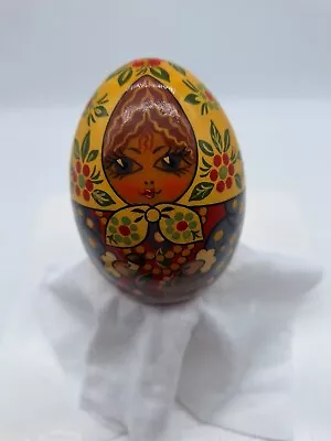 Hand Decorative Egg Peasant Woman Design Wooden 3 1/2 Inch Home Decor • $15.98