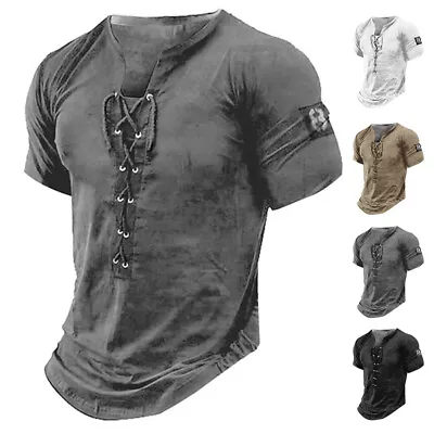 Mens Lace Up Muscle Slim Fit T-Shirt Short Sleeve Gym Sport Fitness Tee Tops + • $14.63