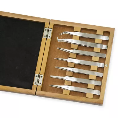 Tweezers Set Wood Box Watchmakers Jewellers Stainless Steel Craft Tools Repair • £17.95