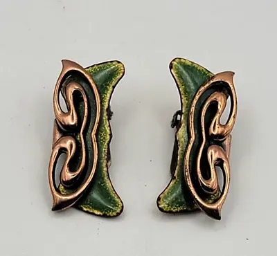 Vintage Matisse Green Enamel Copper Mid Century Modernist Clip On Earrings • $25