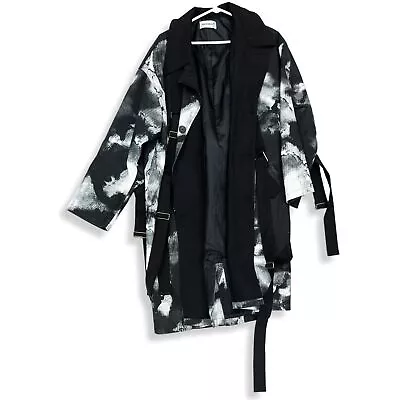 Baofengyu Mens Black White Tie Dye Long Sleeve Button Front Trench Coat • $12.99