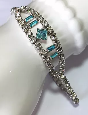 Vintage Channel-Set Silver-tone Bracelet W/ White & Pale Blue Rhinestones 7  • $14.95