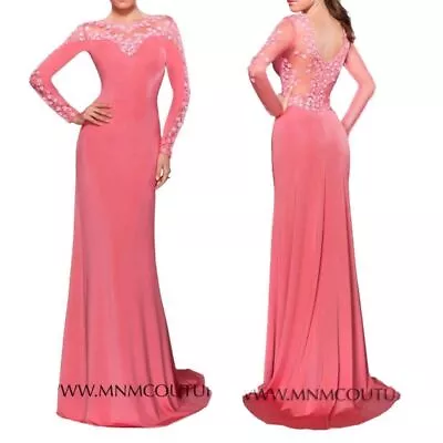 MNM COUTURE Sheer Sequin Long Sleeve Floor Length Gown With Train 9607W • $215