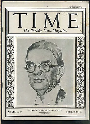 Time Magazine October 25 1926 George Brinton McClellan Harvey High Grade  • $49.99