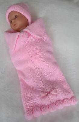 Knitted Baby Pom Pom Blanket/cocoon & Hat Set New Handmade  • £10.50