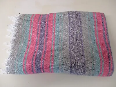 Mexican Blanket Throw Rug  Green &Pink Picnic Festival Camping - M78 • £22