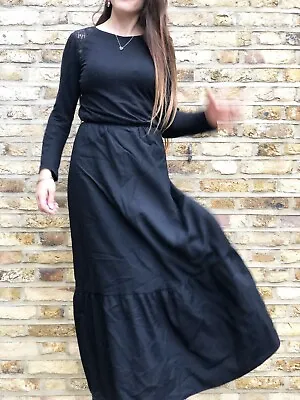 VINTAGE PEASANT SKIRT Black Xs 6 Maxi Long Petticoat Plain Winter Rockabilly • £34.90