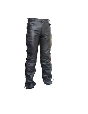 Mens Motorcycle Black Cowhide Leather Jeans Laces Trousers Motorbike Pants • £54.99