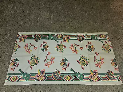 Vintage Mid Century Cotton Linen Mexican Fiesta Printed Hand Towel 17  X 34  • $19.99